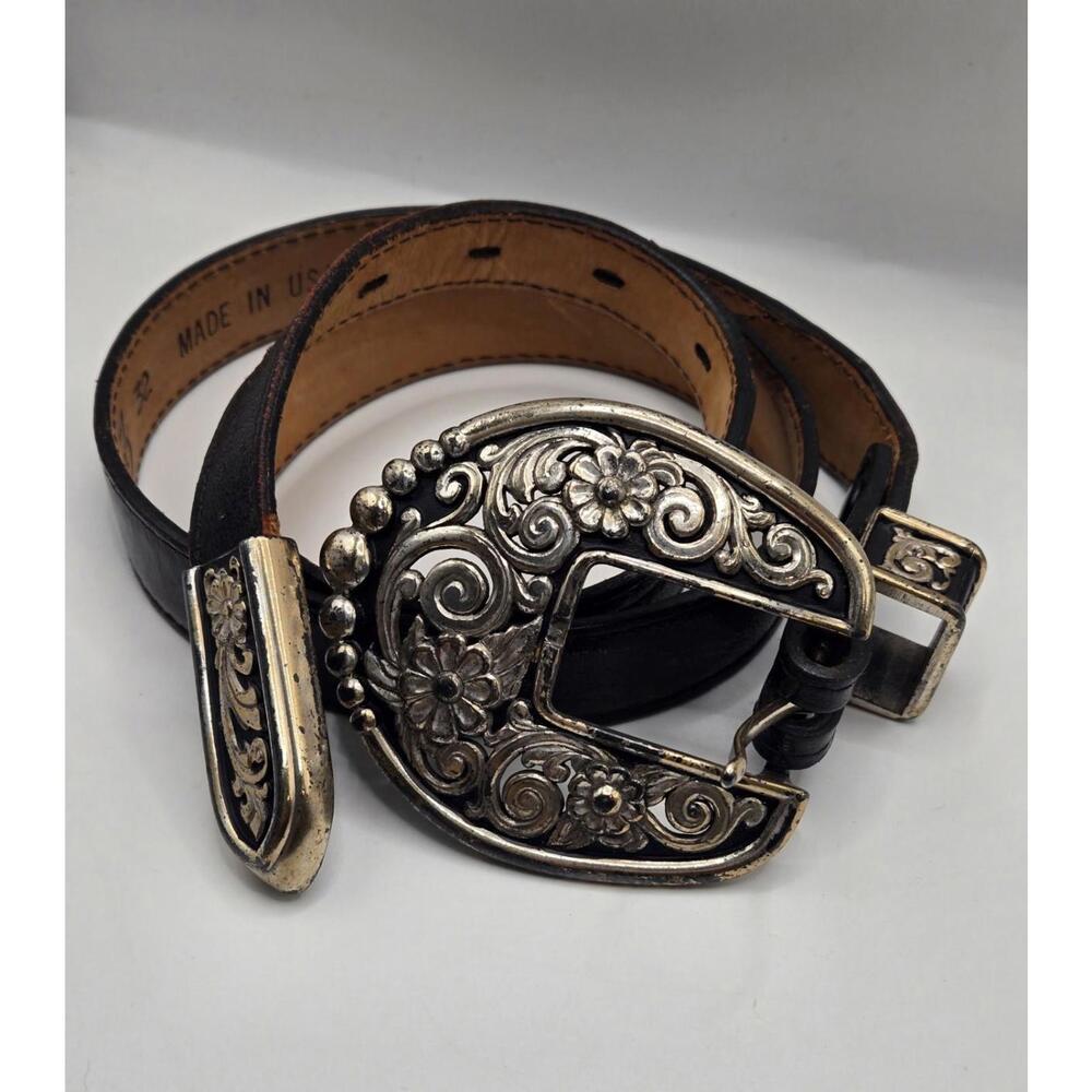 Justin Belt Womens Western Black Leather Ornate Hardware Silver Tones Sz 32